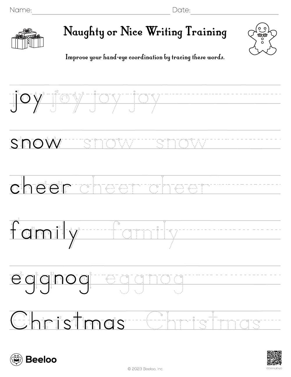 Christmas themed Word Tracing Worksheets Beeloo Printable Crafts And Activities For Kids