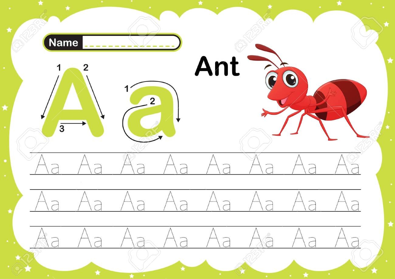 Colorful Letter A Uppercase And Lowercase Alphabet A Tracing And Writing Daily Printable A4 Practice Worksheet With Cute Cartoon Animals Vector Illustration Exercise For Kids Royalty Free SVG Cliparts Vectors And