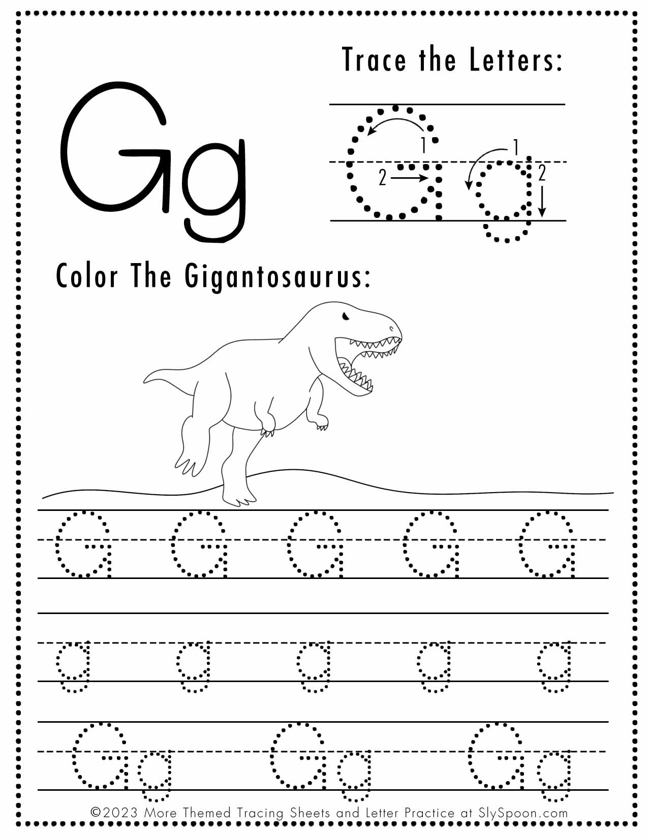 Free Letter G Tracing Worksheet Printable Dinosaur Themed Sly Spoon