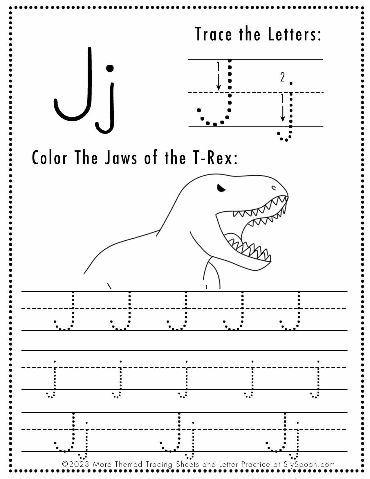 Free Letter J Tracing Worksheet Printable Dinosaur Themed Sly Spoon