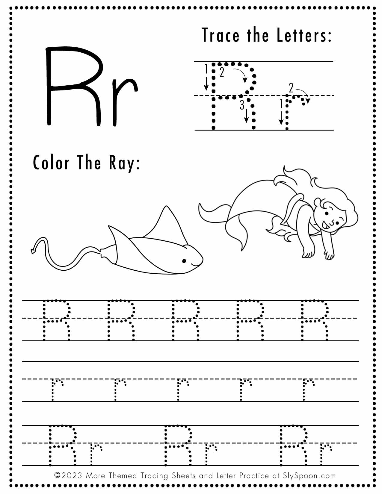 Free Letter R Tracing Worksheet Printable Mermaid Themed Sly Spoon