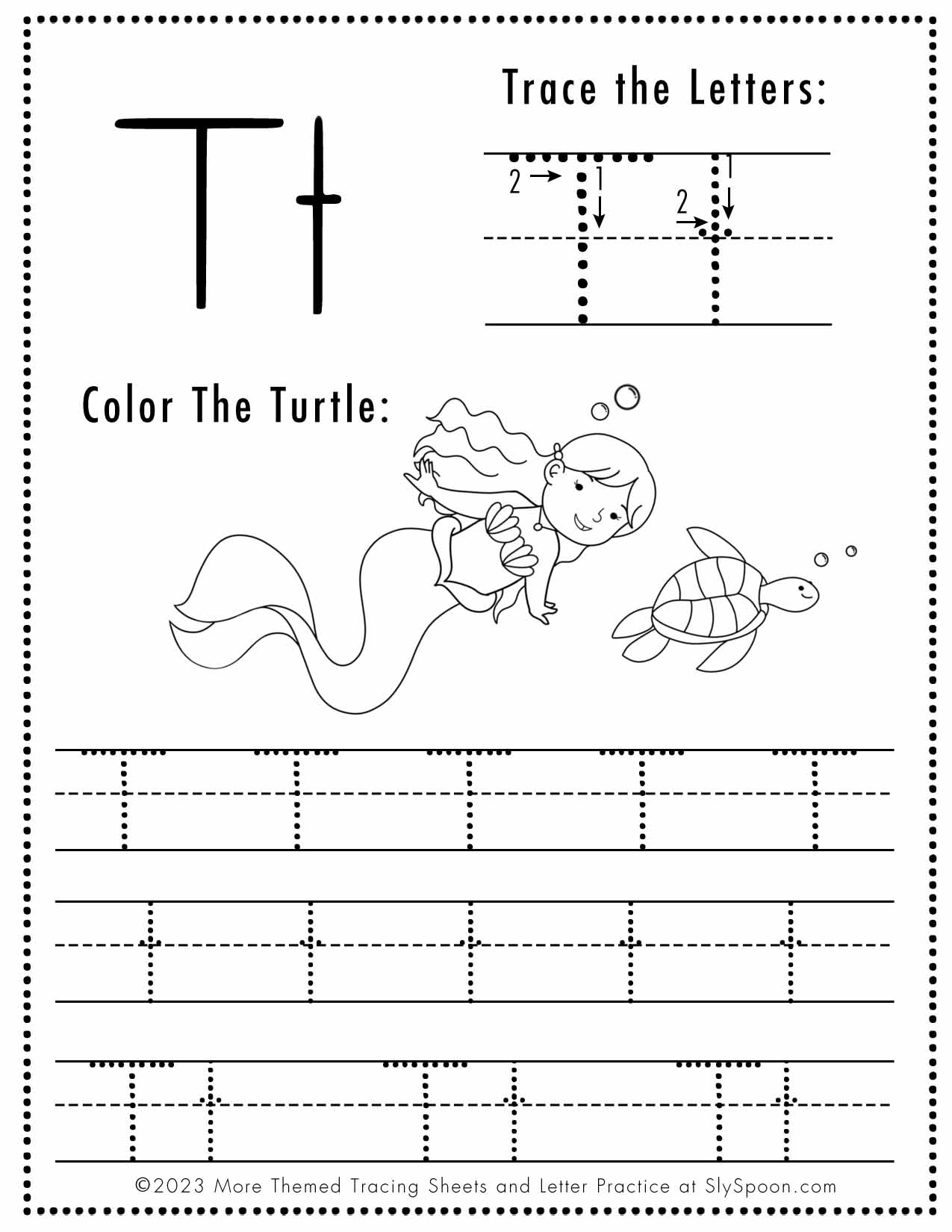 Free Letter T Tracing Worksheet Printable Mermaid Themed Sly Spoon