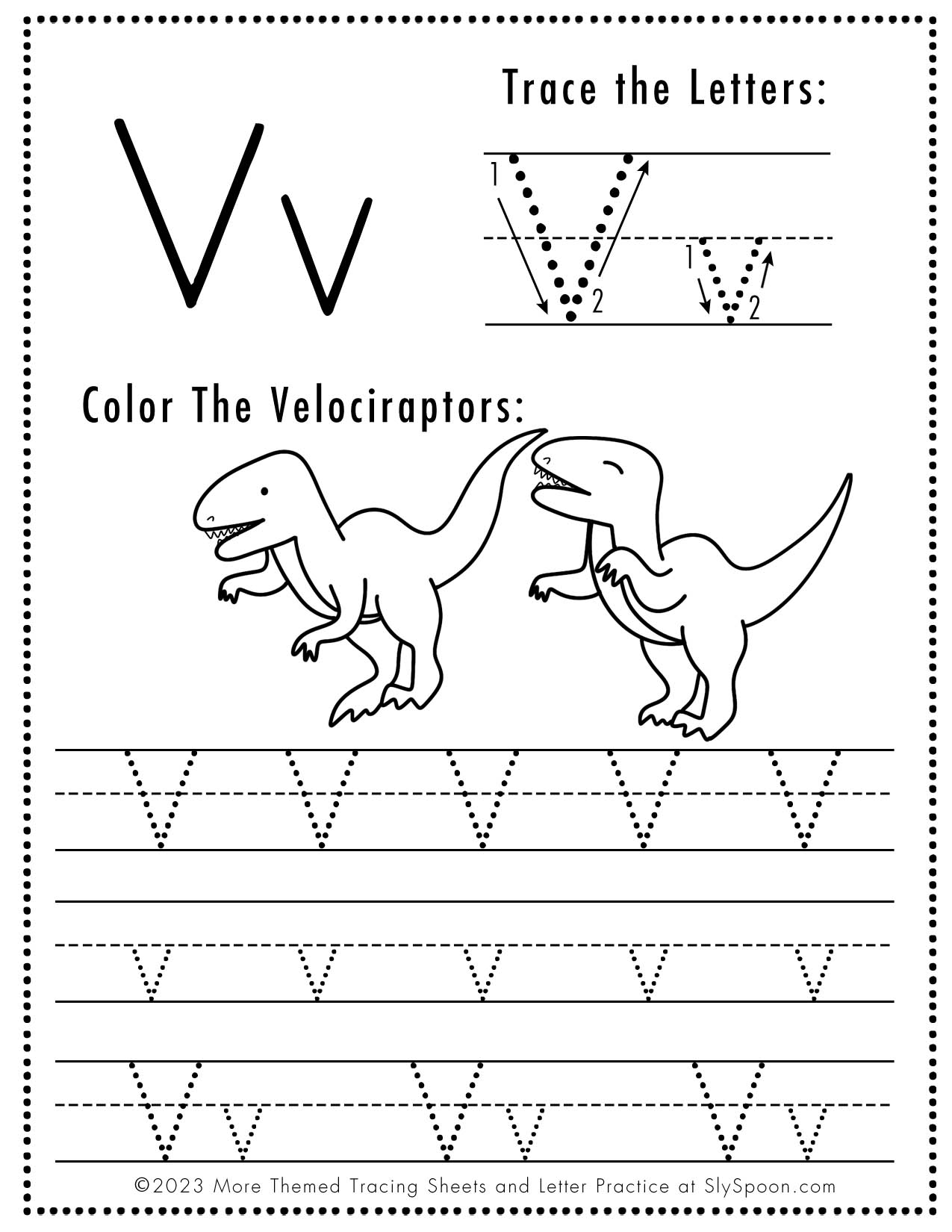 Free Letter V Tracing Worksheet Printable Dinosaur Themed Sly Spoon