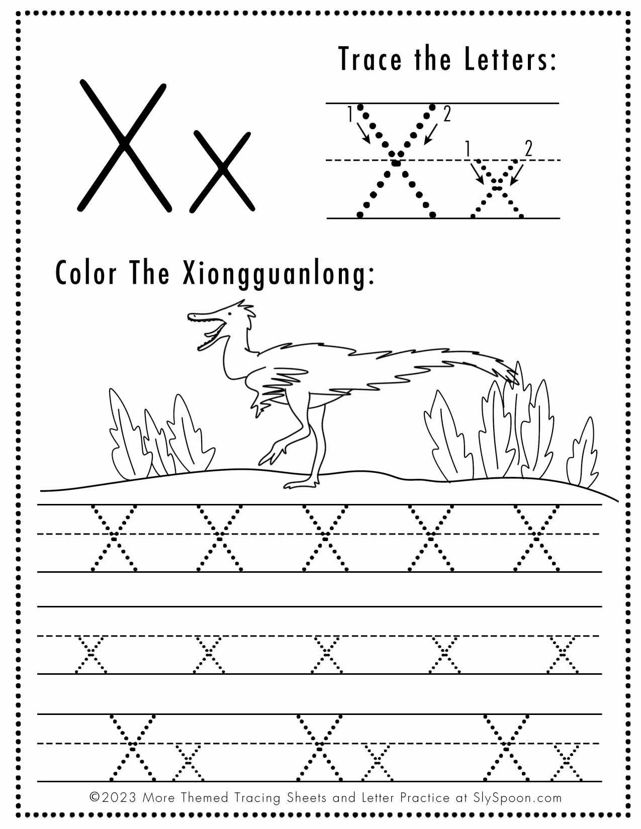 Free Letter X Tracing Worksheet Printable Dinosaur Themed Sly Spoon
