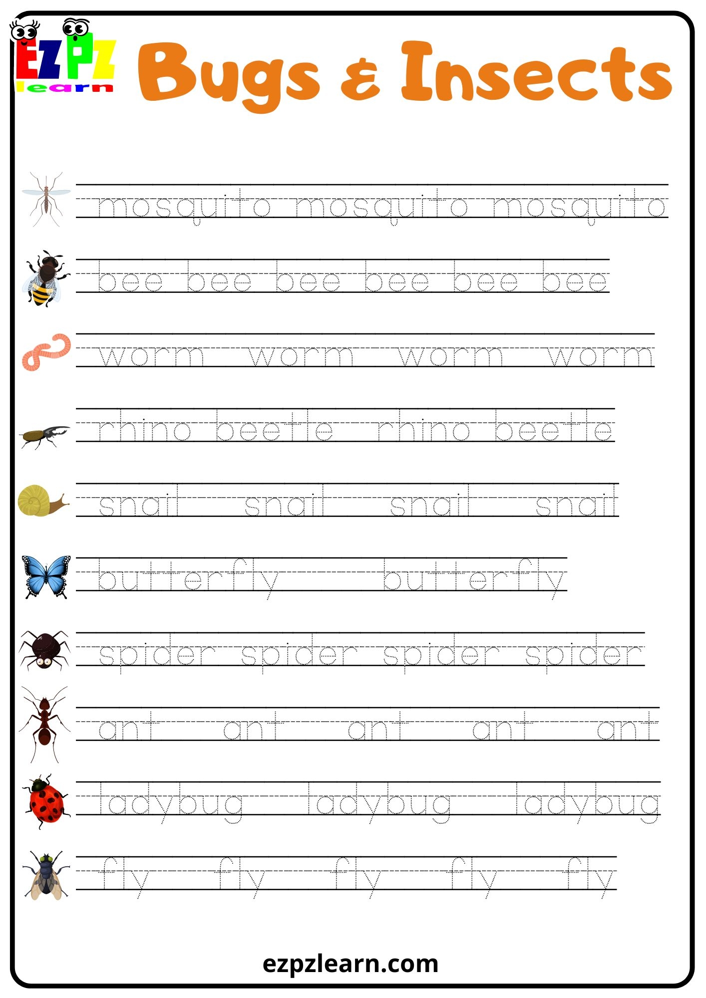 Insects Bugs Word Tracing Worksheet Ezpzlearn
