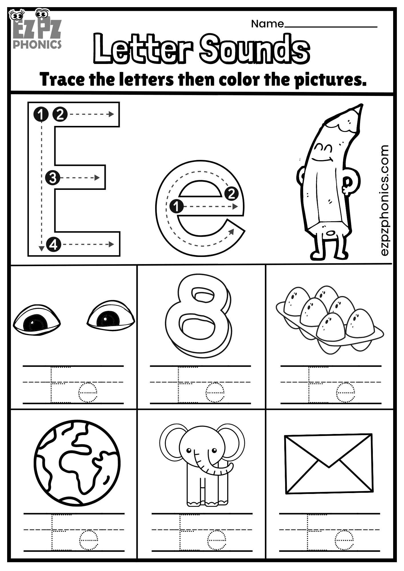 Letter Ee Trace And Color The Pictures Free PDF Download Ezpzphonics