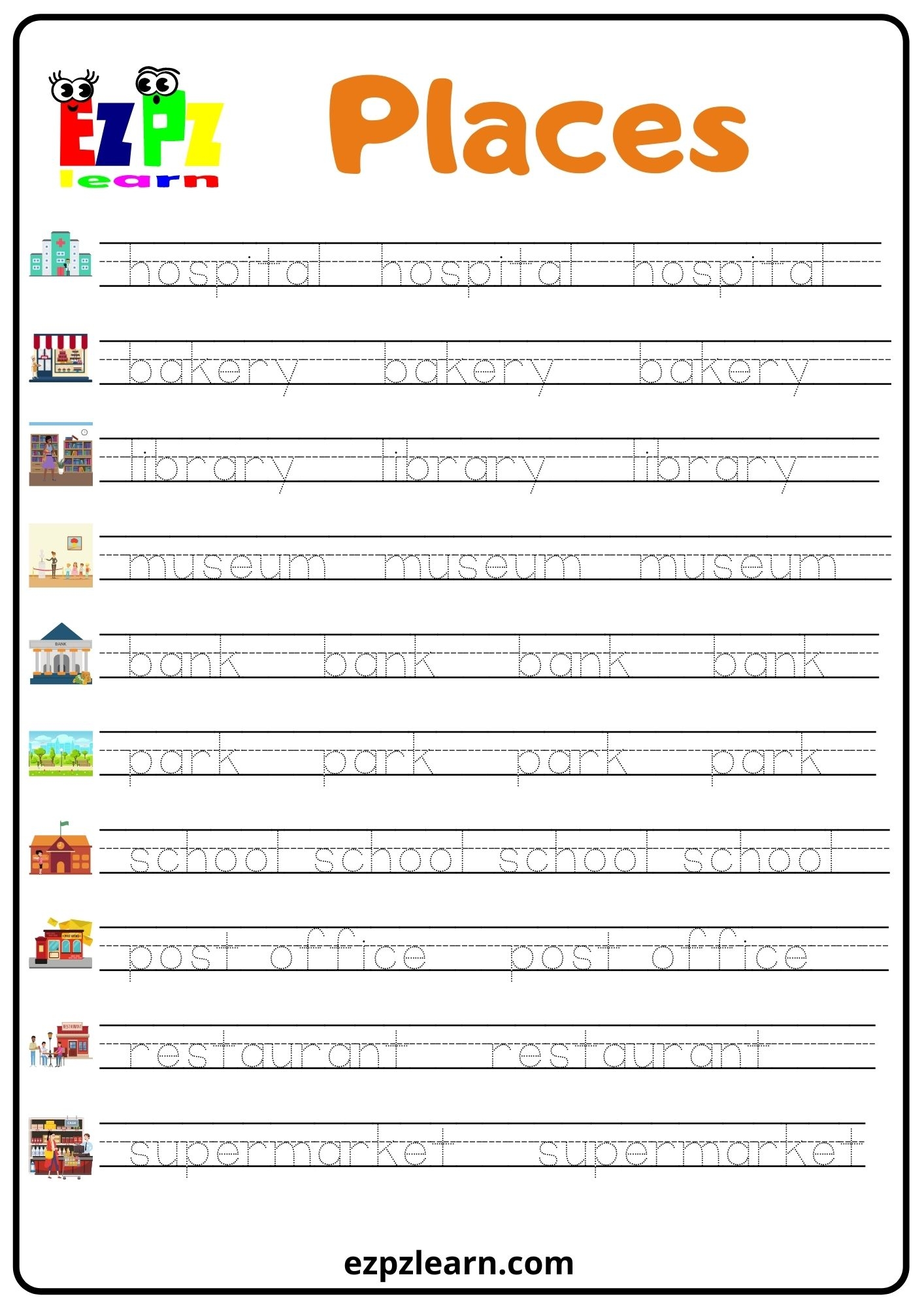 Places 1 Word Tracing Worksheet Ezpzlearn